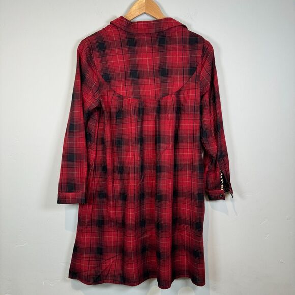 J. Jill Plaid Flannel Long Sleeve Size XS Red Black Tunic Length Button Up Shirt - Picture 2 of 9